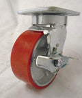 Heavy Duty Caster Set Featuring 5 Inch Polyurethane Wheels On Steel Core Kingpinless Swivel with top lock brake.