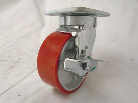 Heavy Duty Caster Set Featuring 5 Inch Polyurethane Wheels On Steel Core Kingpinless Swivel with top lock brake.