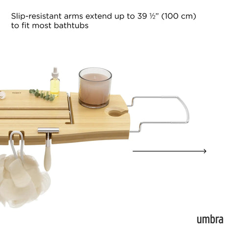 Aquala Extendable Bathtub Tray Caddy With Book Stand And Wine Glass Holder Phone Stand Foldaway Bar holds bath tools