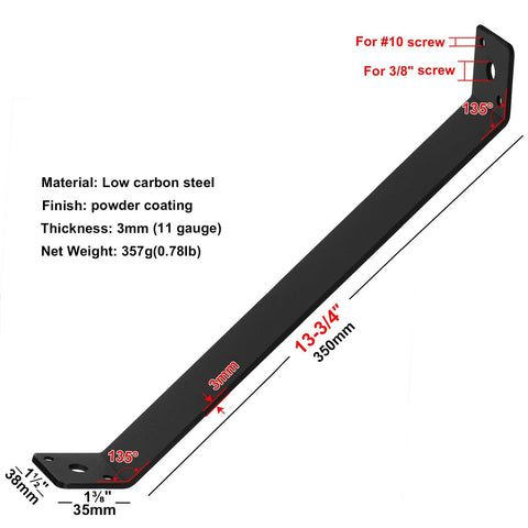 Four Pack Inside Mount Forty Five Degree Angle Brackets For Post Pergola Wooden Beams Shelves And Furniture Support Thirteen And Three Quarters Inch By One And One Half Inch Eleven Gauge Powder Coated Steel Screws Not Included, showing measurements and materials.