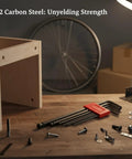 Rock Solid Seven Piece S2 Carbon Steel Hex Key Set in case on workbench for furniture assembly