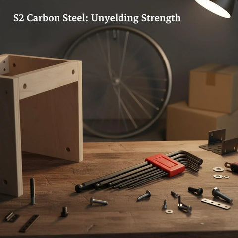 Rock Solid Seven Piece S2 Carbon Steel Hex Key Set in case on workbench for furniture assembly