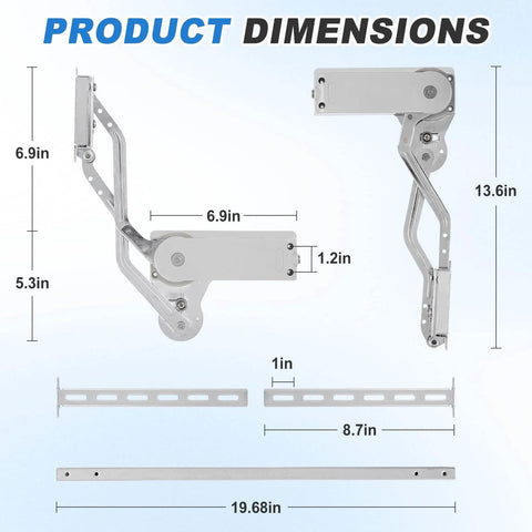 Hydraulic Lift Cabinet Door Hinge With Vertical Up Motion dimensions and components shown in metal build