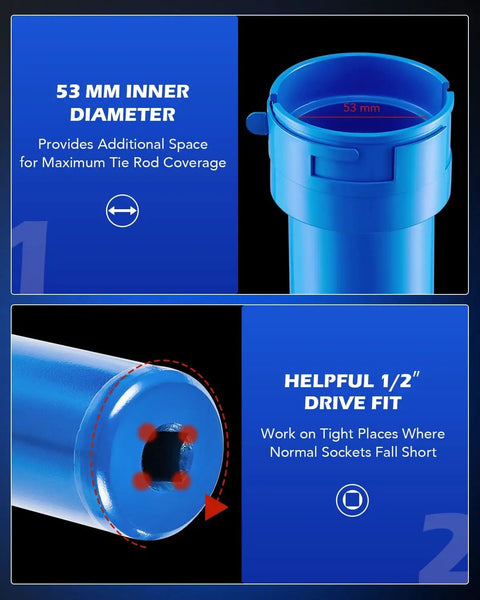 DIY Ready Inner Tie Rod Removal Tool Kit with 53mm diameter and 1/2 inch drive fit showing crowfoot adapter detail.
