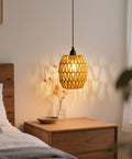2 Pack Battery Operated Handwoven Natural Rattan Chandeliers Egg Shaped Boho Pendant Lights in cozy bedroom setting