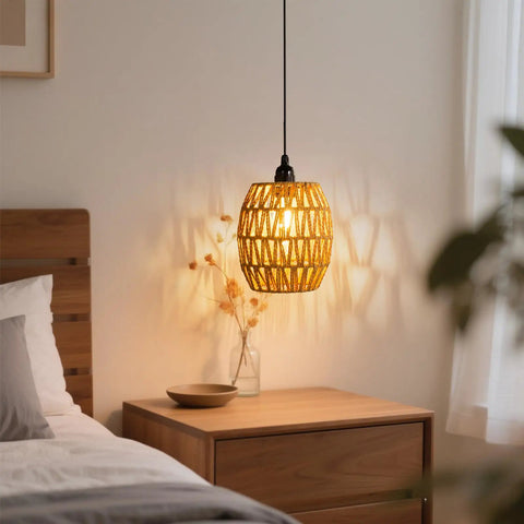 2 Pack Battery Operated Handwoven Natural Rattan Chandeliers Egg Shaped Boho Pendant Lights in cozy bedroom setting
