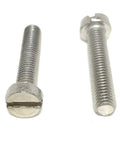 Rock Solid M5 X 25 Stainless Steel Slotted Cheese Head Machine Screw Din 84 A2 70 Hella Corrosion Resistant Fasteners In Reusable Bags For Any Project Straight Up Badass Top Shelf Hardware 25 Count Kit close-up of two screws with slotted heads and threaded shafts.