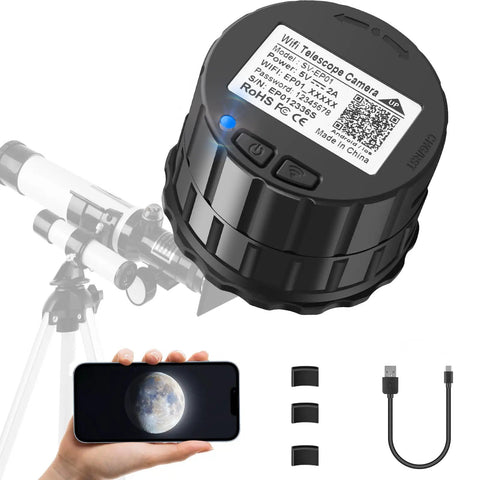 WiFi Eyepiece Camera For Telescopes And Microscopes with accessories, showing smartphone display, telescope, and connectors.