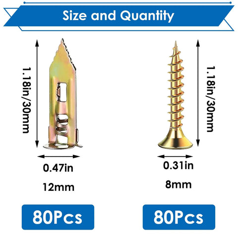 160Pcs Self Drilling Drywall Anchors With Screws Kit For Hanging Pictures Curtains Plants And Clocks 0.47x1.18 Inch Sheetrock Anchors And Expansion Screws Made Of Galvanized Steel With Yellow Zinc Plating For Extra Durability And Corrosion Resistance, showing size and quantity of anchors and screws, 80 pieces each.