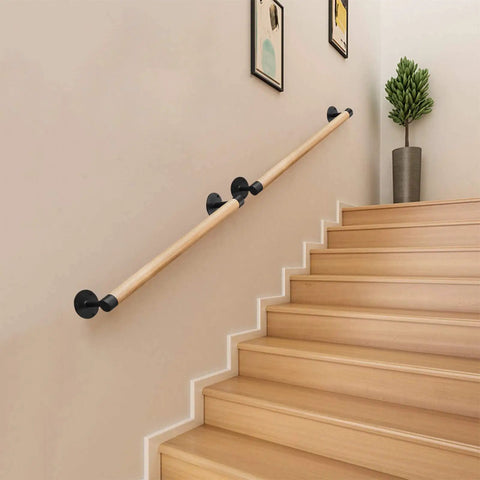 2Ft Wood Hand Rail For Stairs With Black Metal Brackets, Outdoor Steps Banister Deck Rails, Safe Grab Bar For Seniors And Kids, Beech Wood Construction