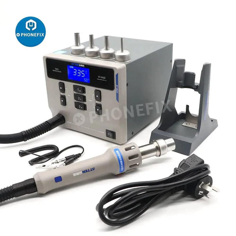 Lead Free 1000W Hot Air Soldering Station With Digital Display For PCB Chip Welding And Mobile Phone Repair 110V Rework Tool With Anti Static Control And Quick Temperature And Air Volume Switching showing station, nozzles, and accessories