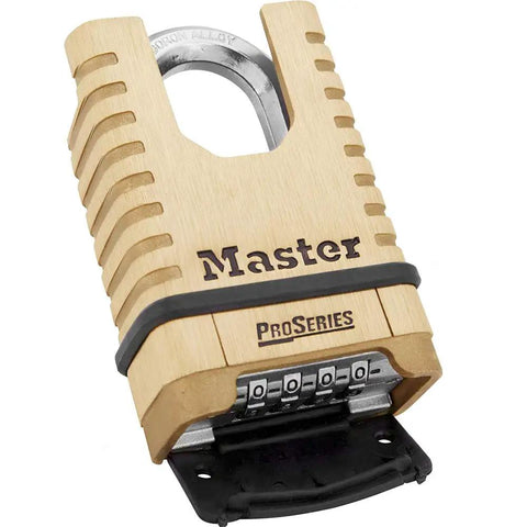 ProSeries Shrouded Brass Resettable Four Digit Padlock With Large Glove Friendly Dials, 2.25in, worksite tough industrial lock.