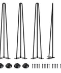 30 Inch Hairpin Table Legs Half Inch Diameter Three Rod Steel Black With Rubber Floor Protectors 4 Pack, hardware detailed