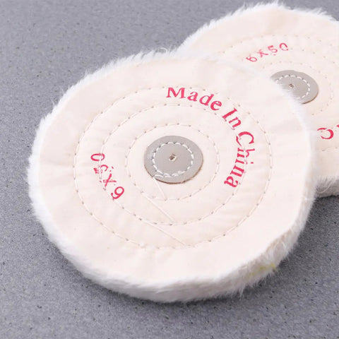 2 Pack White Cloth Polishing Buffing Wheels 6 Inch Low Noise Blending Finishing For Metal And Plastic shown on grey surface