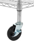 Heavy Duty 3 Inch Stem Caster Wheels For Wire Shelving, Industrial Rack Rollers With 1/4 20 Thread And Multi Adapters, Smooth Operator Replacement Set Of 4, Drop Dead Durable Black close-up of black wheel and metal stem.