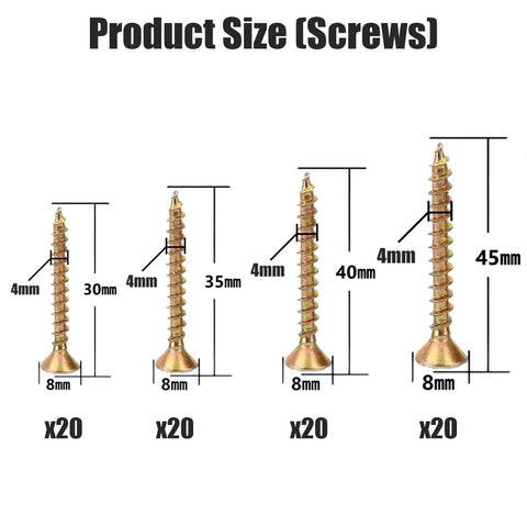 80 Sets No Drill Drywall Anchors And Screws Kit with 4 sizes self drilling screws shown in 30mm, 35mm, 40mm, 45mm