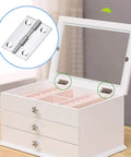 No Sweat Stainless Steel Cabinet Hinges With Matching Screws, detailed view of hinge on white jewelry box.