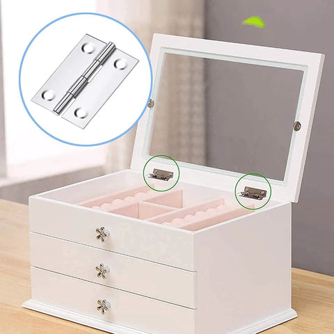 No Sweat Stainless Steel Cabinet Hinges With Matching Screws, detailed view of hinge on white jewelry box.