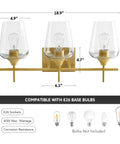 Dimensions and details of three light vanity light with clear glass shades in modern gold finish for bathroom over mirror wall lamp.