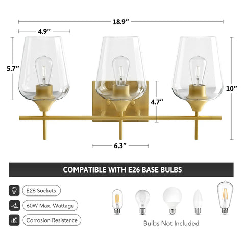 Dimensions and details of three light vanity light with clear glass shades in modern gold finish for bathroom over mirror wall lamp.