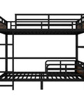Full-over-full bunk bed, black metal, front view with headboard, full-length guardrails and ladder; separable into two beds.