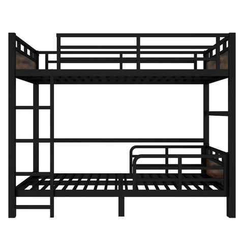 Full-over-full bunk bed, black metal, front view with headboard, full-length guardrails and ladder; separable into two beds.