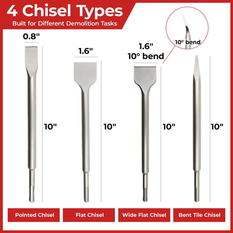 SDS Plus Masonry Chisel Set 4-Piece Pro Grade Heavy Duty Chisel Bits for Hammer Drill, includes 4 different chisel types displayed.