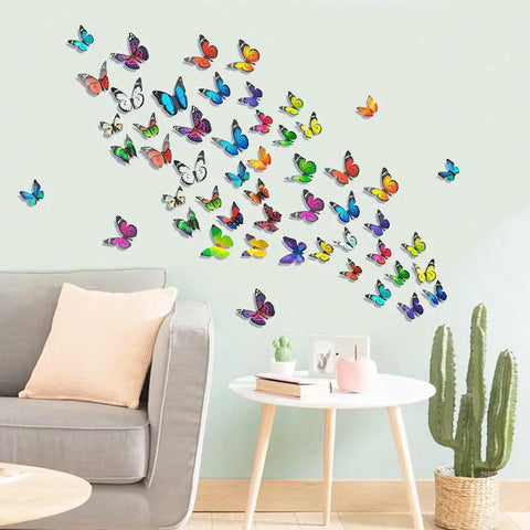 80 Piece Butterfly Wall Decor Set With Foldable Wings Waterproof Reusable PVC Wall Stickers in living room setting