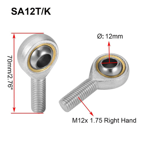 Heavy Duty Self Lubricating Rod End Bearings Four Pack With 12mm Bore And M12x1.75 Metric Male Thread Right Hand Heim Joint close-up image showing detailed dimensions.