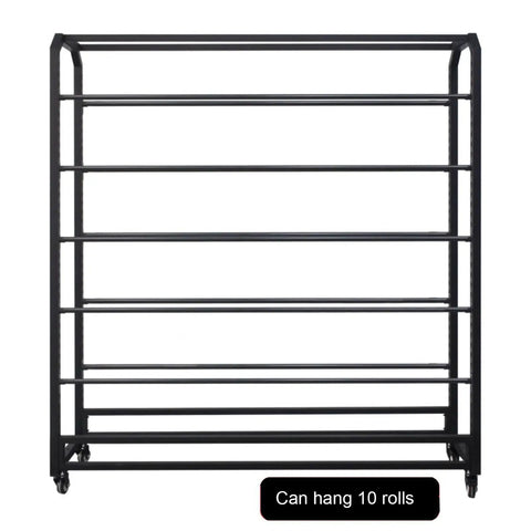 Heavy Duty Adjustable Storage Rack Hella Versatile For Fabric And Vinyl Rolls Featuring Ten Sturdy Rods Rust Proof Black Steel Holder for displaying rolls.