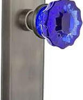 New York Plate Crystal Cobalt Glass Door Knob Set in Antique Pewter on a modern pre-drilled door