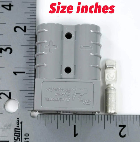 SB50 Connector Kit 50 Amps 36V Gray Housing With 6 AWG Leads shown next to ruler for size reference