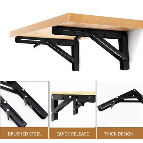 Black Powder Coated Folding Shelf Brackets 10 Inch Heavy Duty Metal Collapsible Shelf Brackets For Bench Table And Wall Mount Space Saving DIY Hinge Max Load 260 Lb 2 Pack supporting a wooden shelf