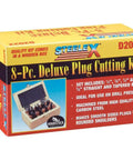 Top Shelf Carbon Steel Plug Cutting Set Eight Piece Woodworking Kit in a wooden box, showing various plug cutters for carpentry.