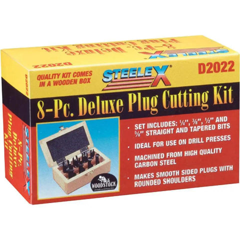 Top Shelf Carbon Steel Plug Cutting Set Eight Piece Woodworking Kit in a wooden box, showing various plug cutters for carpentry.