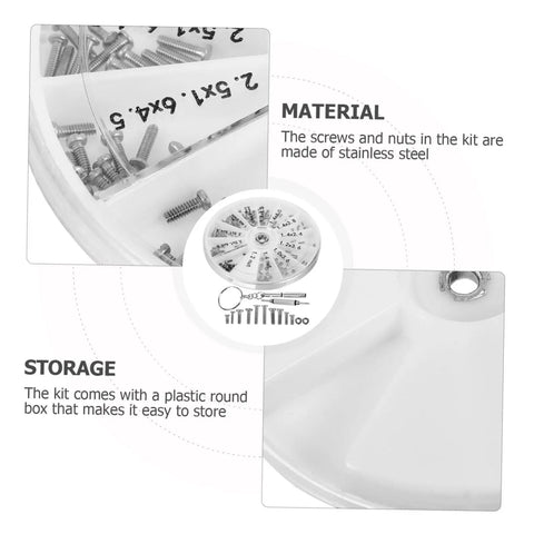 Eyeglass Repair Kit With Screws And Precision Screwdriver For Glasses Sunglasses And Watches The All In One Tool showing stainless steel screws in box