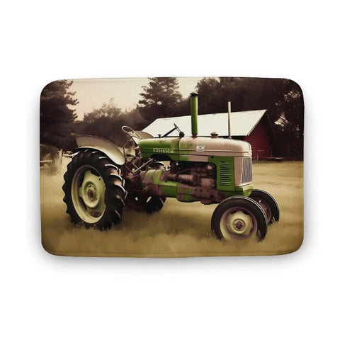 Thick Soft Absorbent Old Tractor Photo Farm Bath Rug with Non Slip Backing, showing vintage green tractor on farm background.
