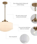 Vintage Brass Milk Glass Pendant Light 13.8in White Pleated Chandelier, E26 with gold coating and glass lampshade.
