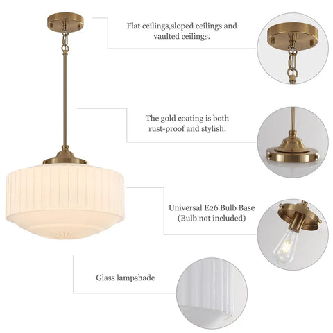Vintage Brass Milk Glass Pendant Light 13.8in White Pleated Chandelier, E26 with gold coating and glass lampshade.