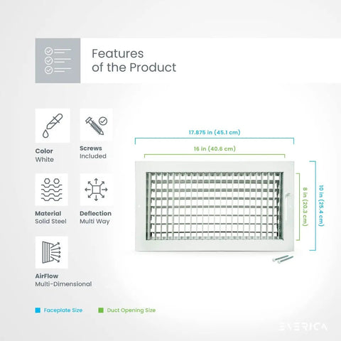 16x8 All Steel Adjustable AC Heating HVAC Vent Air Register Diffuser For Ceiling Or Wall Installation White Finish No Hassle Setup