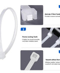 Close-up view of Heavy Duty 8 Inch Nylon Cable Ties, 1200 Pack, Self Locking White Plastic Wire Ties With 50Lb Tensile Strength features.