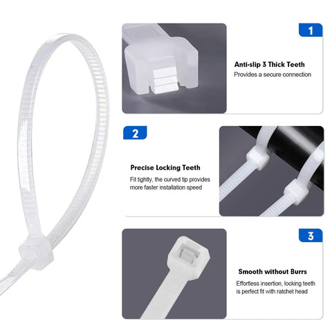 Close-up view of Heavy Duty 8 Inch Nylon Cable Ties, 1200 Pack, Self Locking White Plastic Wire Ties With 50Lb Tensile Strength features.