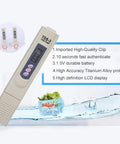 Digital Water Quality Tester PPM Meter With Built In Thermometer For Drinking Water, Pools And Aquariums - Fast, On Point Readings In Seconds With Large LCD Display next to water illustrations and product features list.