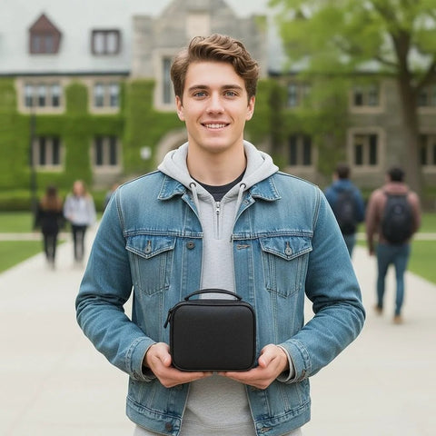 MediKit medical kit case in black held by a man on campus (front view)