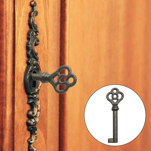 Heavy Duty Solid Brass Skeleton Keys With Antique Finish Plus Two Classic Barrel Designs And Durable Key Rings For Fixing Vintage Door Locks And Adding Dope Retro Decor To Your Home in use on a wooden cabinet.