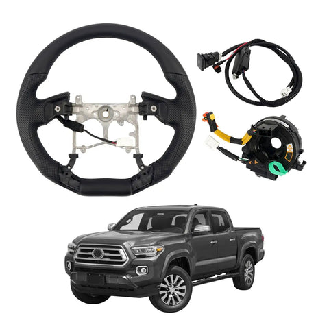 Toyota Tacoma 2016 2023 Heated Perforated Leather Steering Wheel Replacement Kit with wiring and components displayed