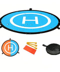 Waterproof Portable Foldable Helipad Landing Mat For Drones 22 Inch 55cm with accessories, shown unfolded and folded.