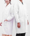 Two people wearing White Long Sleeve Lab Coat For Doctors, Nurses, And Students, Breathable Polyester Cotton Workwear, Size M