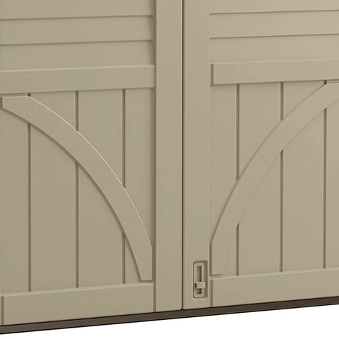 Close-up of Horizontal Outdoor Storage Shed For Trash Cans And Gear, Compact 34 Cu Ft Capacity, Lockable Multi Wall Resin Organizer in sand color showing door details.