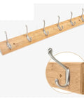 Slick Wall Mount Coat Rack With Heavy Duty Hook Rails For Entryway And Mudroom Hang Your Duds Gear And Bags Without A Hitch Rustic Wood And Zinc Alloy Storage Solution, featuring six polished hooks on wooden rail.